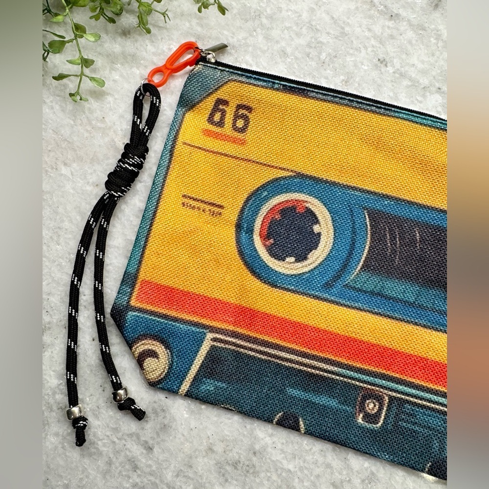 New Cassette Tape Retro 80s 90s Style Makeup Tech Pencil Bag w/ Charm - 10.5”